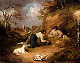 rabbits Wall Art - Two Men Hunting Rabbits With Their Dog, A Village Beyond